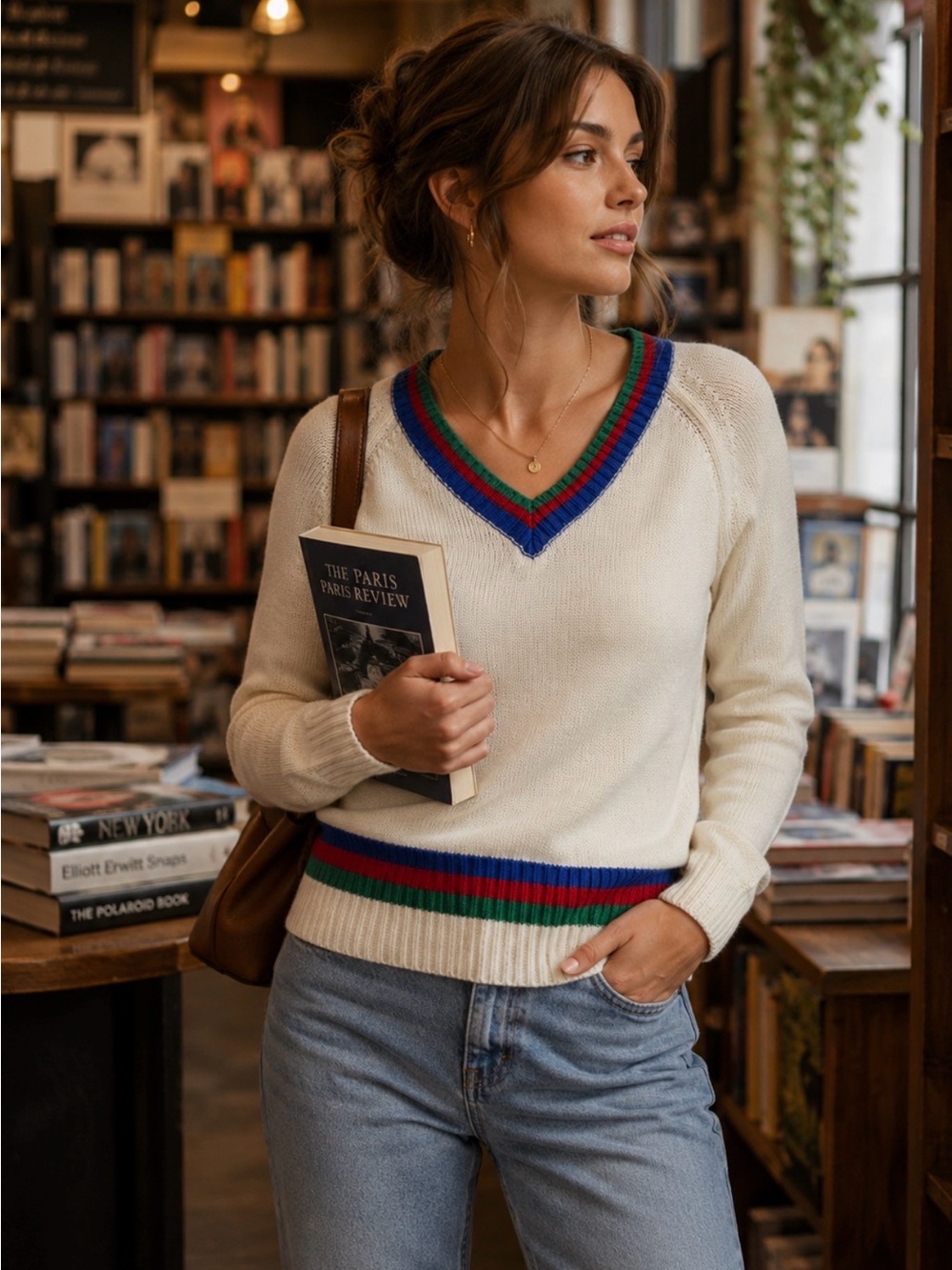 POL Boutique Cream Collegiate V-Neck Sweater